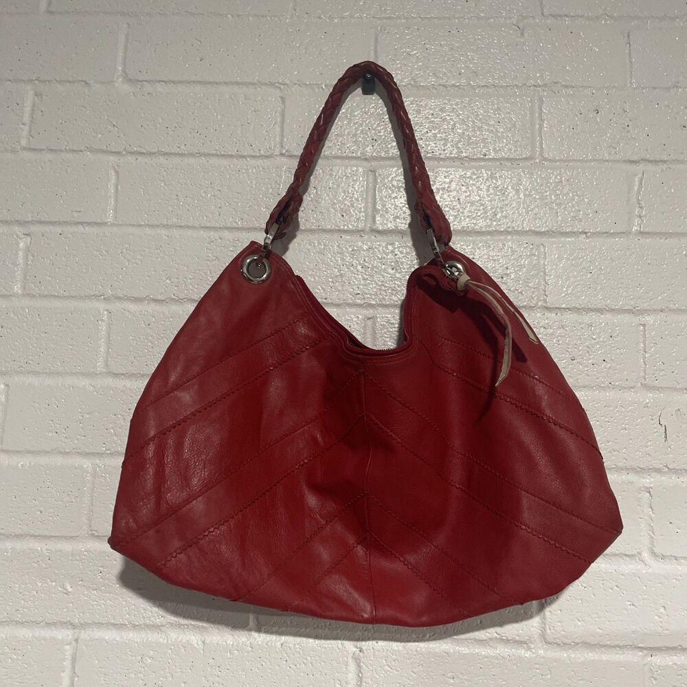 Falor Red Woven Handle Leather Women's Tote Bag Slouchy Shoulder Bag READ
